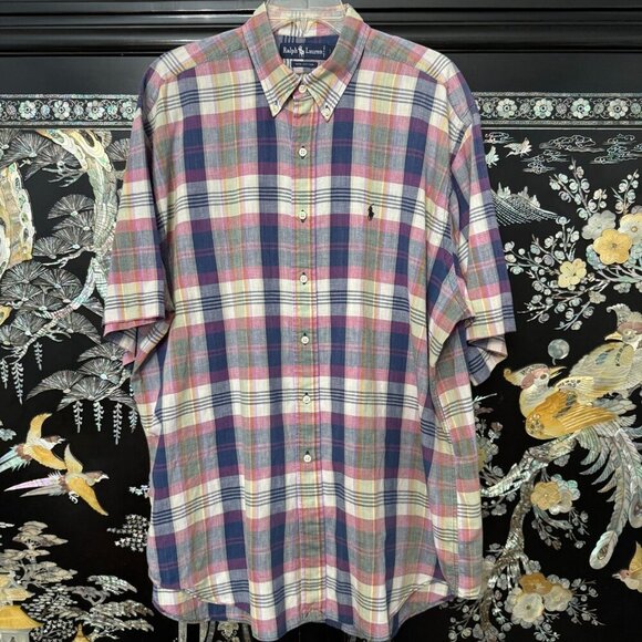 Ralph Lauren Madras Multicolor Windowpane Plaid Short Sleeve Button Shirt X - Picture 2 of 8